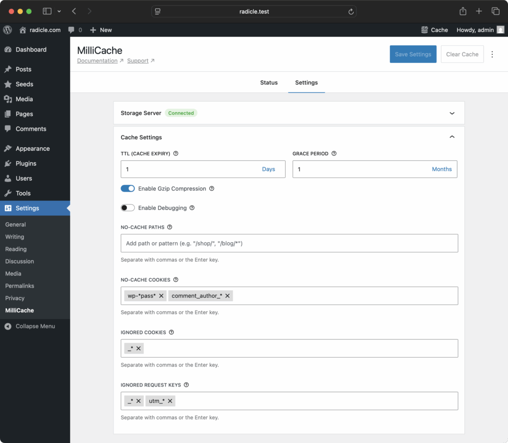 MilliCache settings page