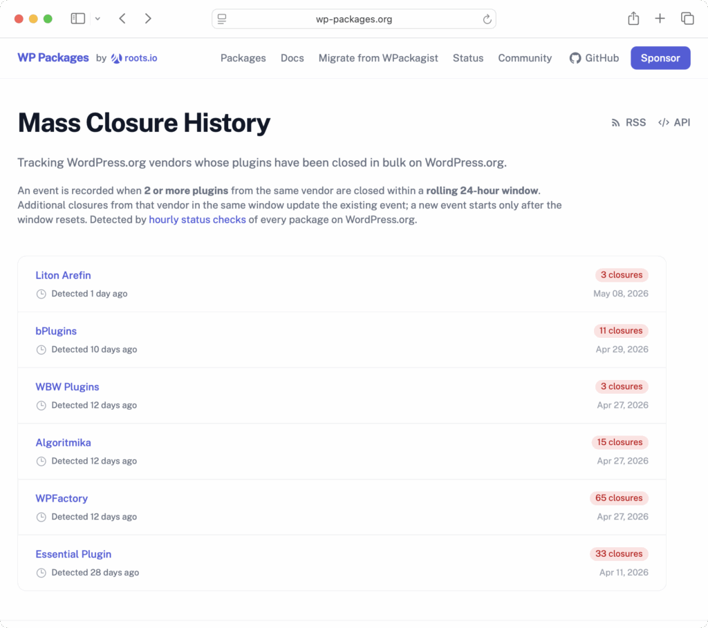 Screenshot of the mass closures page