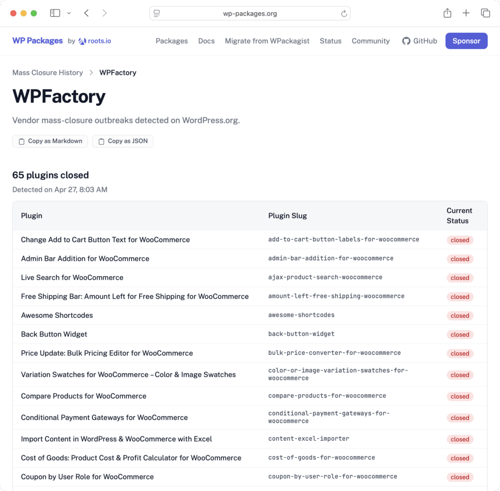 Screenshot of the WPFactory mass closure page