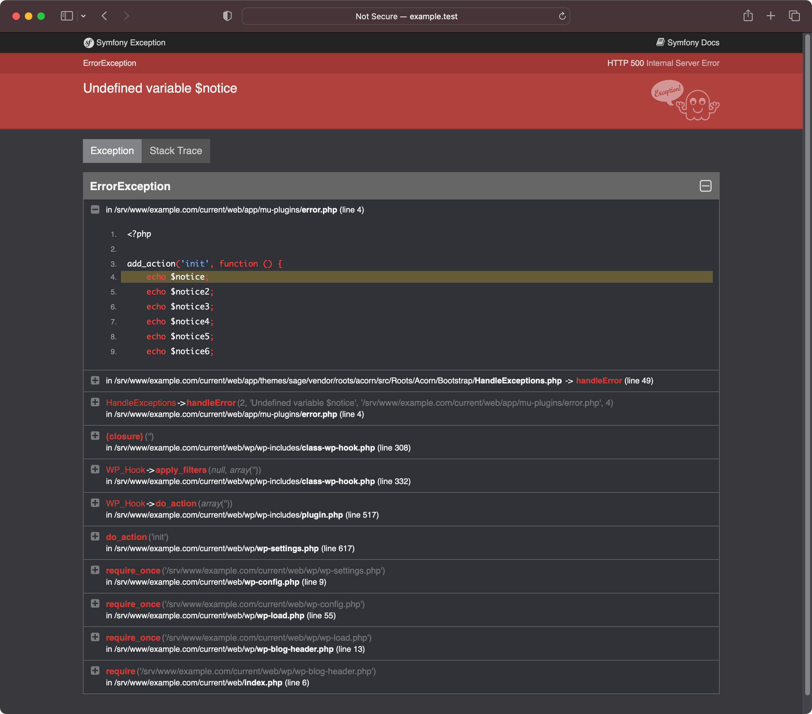 Screenshot of Acorn's default WP_DEBUG output