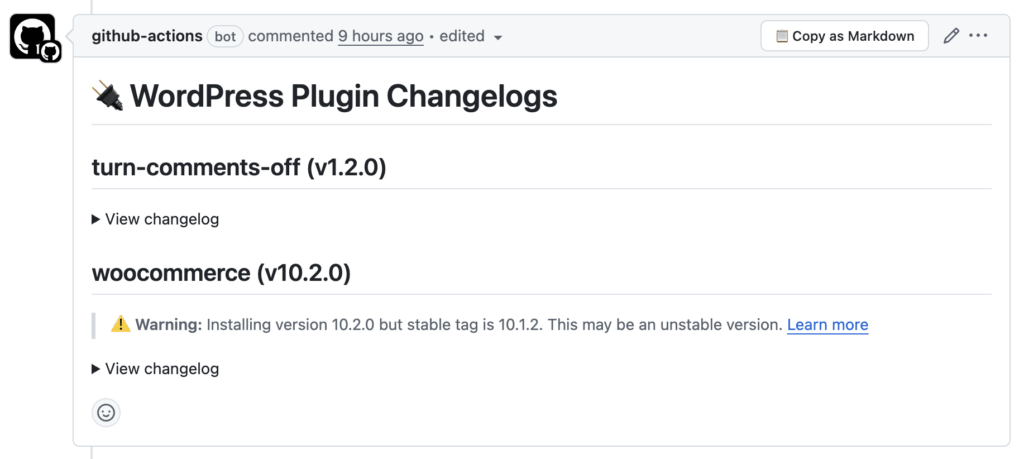 Screenshot of the wpackagist-plugin-changelogs GitHub action commenting on a PR