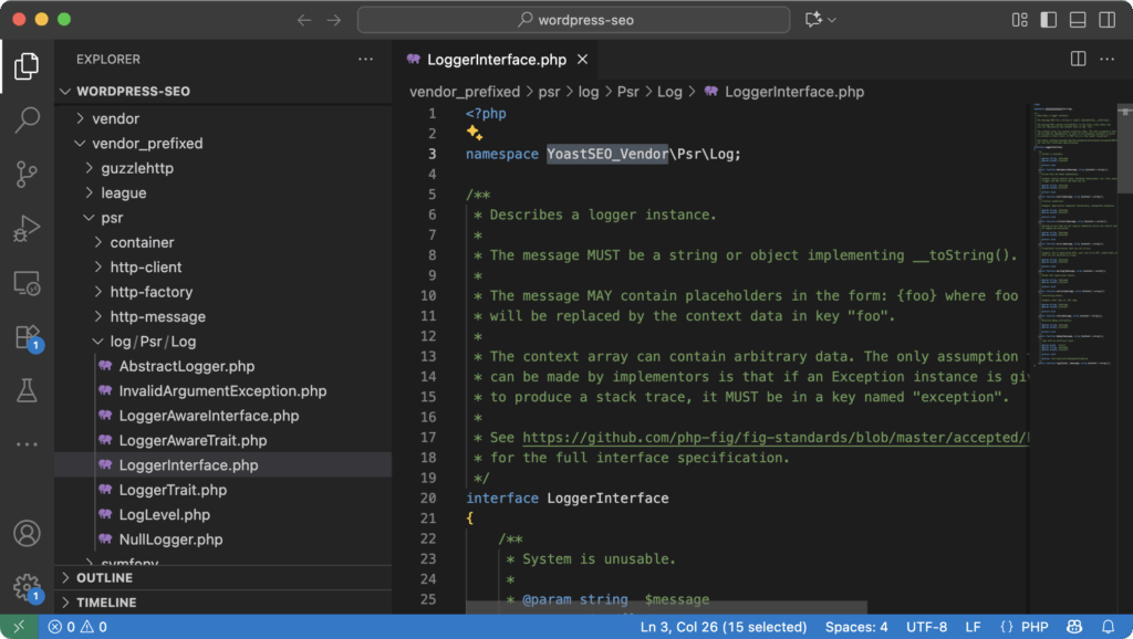 Screenshot of Yoast SEO with prefixed namespaces in their dependencies