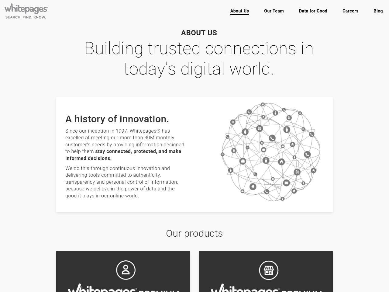 Screenshot of https://about.whitepages.com/