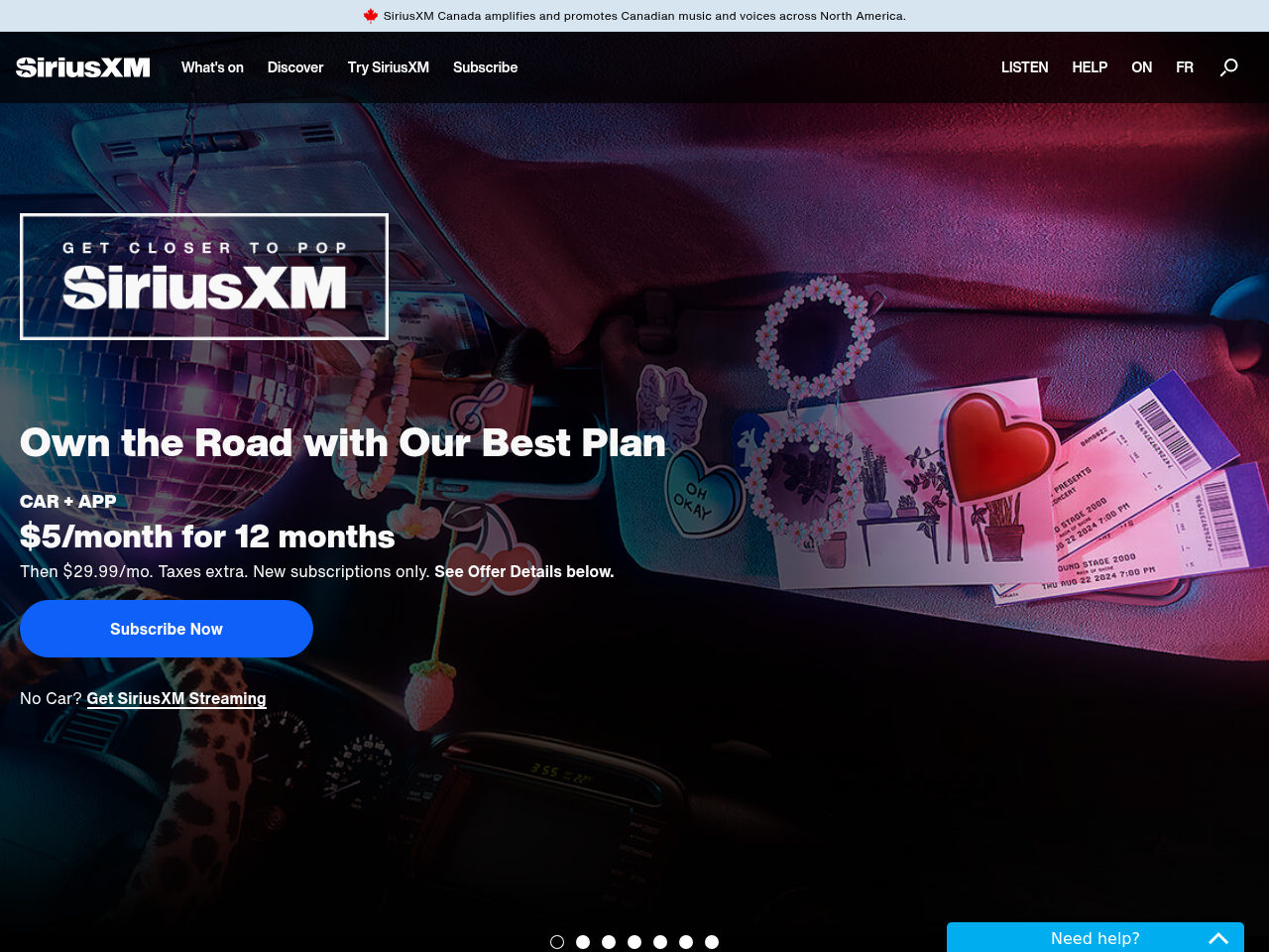 Screenshot of https://www.siriusxm.ca/